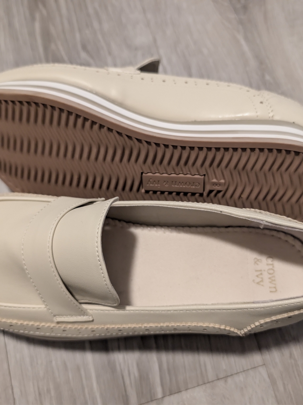 crown & ivy Cream Penny Loafers with Brown Outsole
